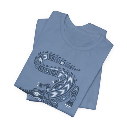 Mayan Crocodile T-Shirt | Curled Reptile with Geometric Patterns Tee