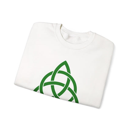 Green Celtic Triquetra knot graphic on a white sweatshirt.