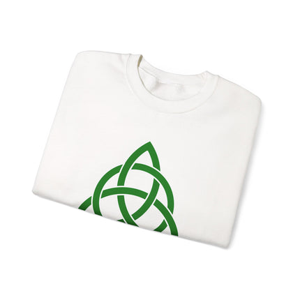 Green pullover featuring a Celtic Triquetra knot and Irish Trinity graphic print.