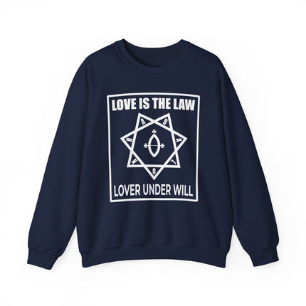 Love Is The Law occult symbol sweatshirt with Lover Under Will text.
