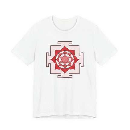 Sacred geometry yantra print on a white spiritual t-shirt. Features the Bhuvaneshwari Hindu goddess design.