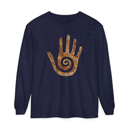 Spiral Healing Hand Long Sleeve T-Shirt | Textured Earth-Tone Motif Tee