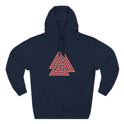 Valknut Norse symbol graphic on a dark blue Viking hoodie.