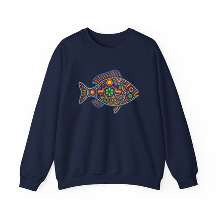 Colorful Mexican folk art fish graphic on a navy sweatshirt, featuring Huichol and Alebrije patterns.