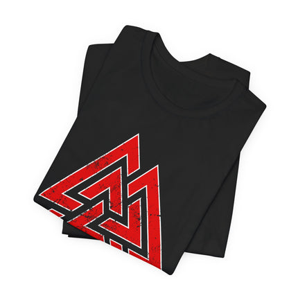 Red Valknut Viking symbol graphic tee shirt featuring Norse mythology design.