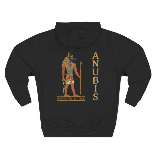 Anubis Egyptian jackal god graphic print hoodie design featuring mythology art.
