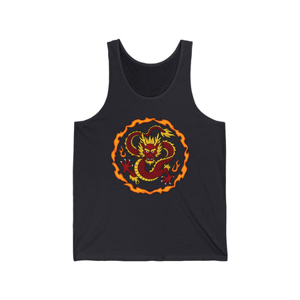 Bold graphic of a fiery red dragon coiled in flames, featuring East Asian mythology art.
