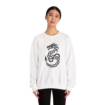 White pullover featuring a black Celtic dragon knotwork design.