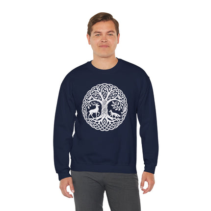 Celtic knotwork sweatshirt featuring a Tree of Life with deer and fox wildlife art.