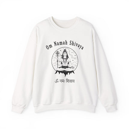 Om Namah Shivaya graphic featuring meditating Lord Shiva line art on a white spiritual sweatshirt.