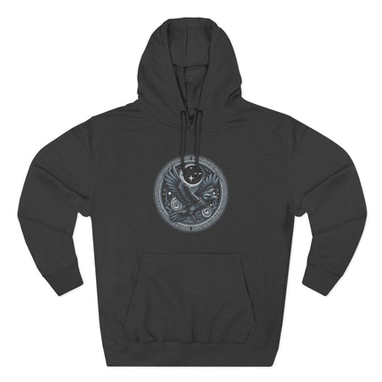 Viking raven and moon celestial graphic on black hoodie. Norse mythology apparel.