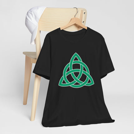 Green Celtic Triquetra knot graphic on a black t-shirt.