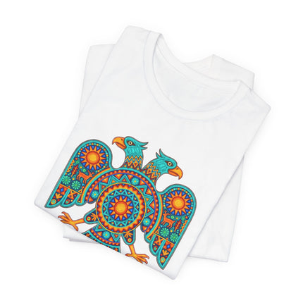 Vibrant Mexican folk art double-headed eagle graphic on a white t-shirt.