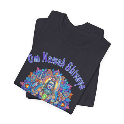 Om Namah Shivaya mantra and colorful Shiva mandala graphic on a black spiritual t-shirt.