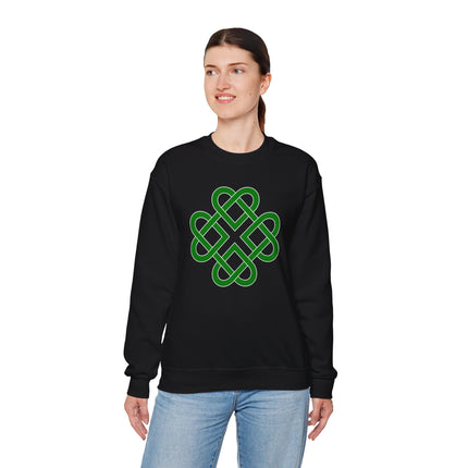 Green Celtic knot clover symbol graphic on a black pullover sweatshirt.