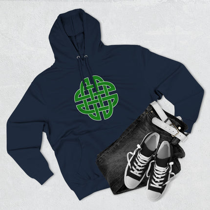 Green Celtic knot design on a dark blue unisex graphic hoodie.