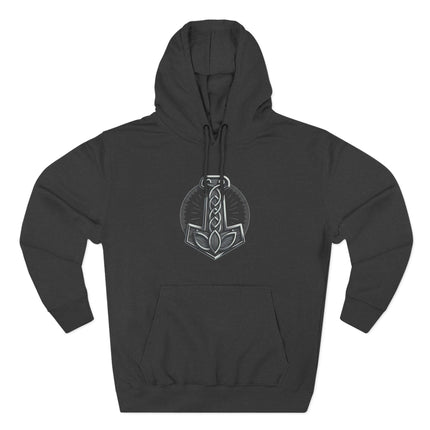 Norse knotwork Mjolnir hammer symbol graphic on a black hoodie.