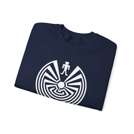 Man in the labyrinth maze graphic on an I'itoi Native American unisex pullover sweatshirt.