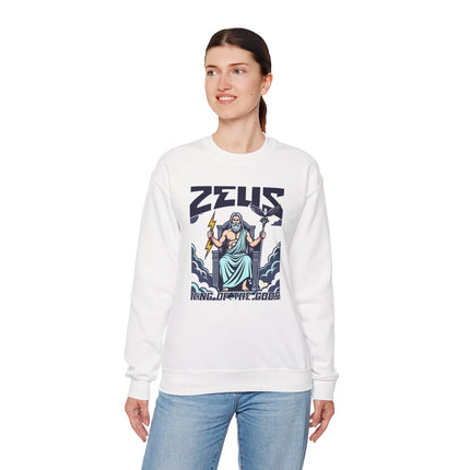 Zeus, King of the Gods, graphic sweatshirt design featuring Greek mythology and lightning bolt art.