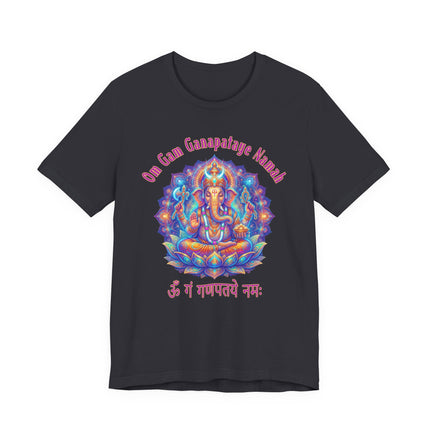 Psychedelic Ganesha mandala t-shirt featuring the Om Gam Ganapataye Namah mantra print.