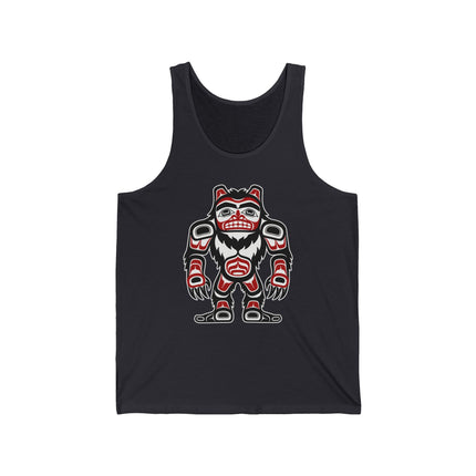 Formline art Sasquatch bear totem on a black tank top, PNW Indigenous style graphic.