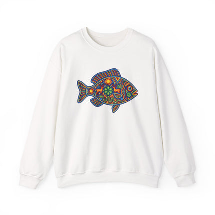 Colorful Mexican folk art fish graphic on a white sweatshirt, featuring Huichol style patterns.