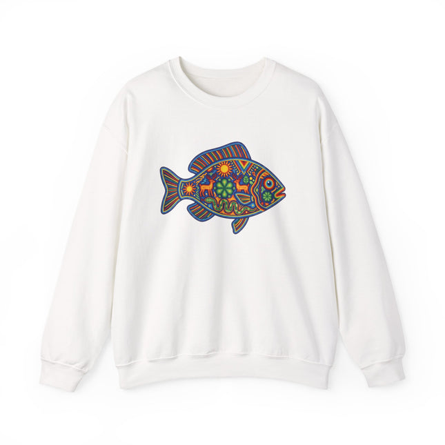 Colorful Mexican folk art fish graphic on a white sweatshirt, featuring Huichol style patterns.