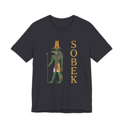 Sobek Egyptian crocodile god t-shirt design featuring ancient mythology art and the name SOBEK.