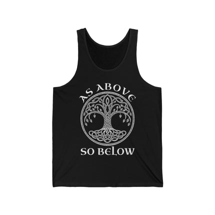 As Above So Below Celtic Tree of Life graphic on a black tank top.