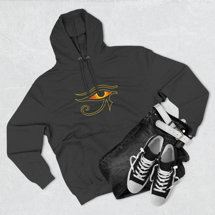 Golden Eye of Ra symbol graphic on a black hoodie. Ancient Egyptian mythology apparel.