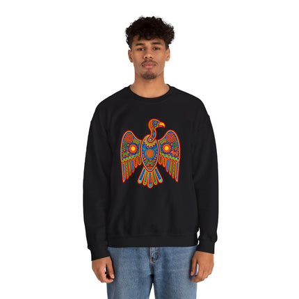 Colorful Huichol condor graphic on black sweatshirt, featuring vibrant Mexican indigenous folk art.
