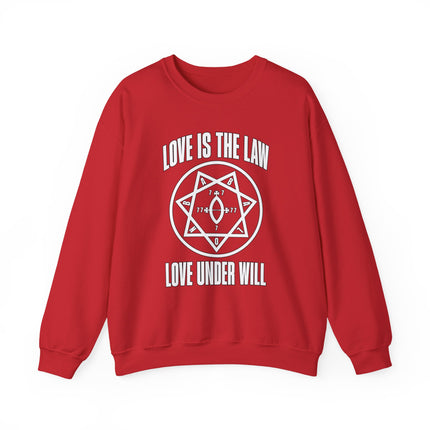 Love Is The Law Thelema hexagram graphic on a red occult sweatshirt.