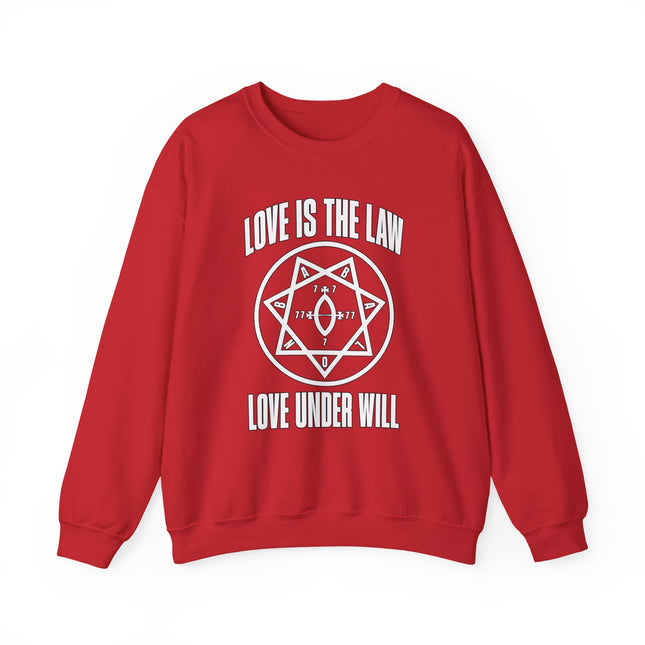 Love Is The Law Thelema hexagram graphic on a red occult sweatshirt.