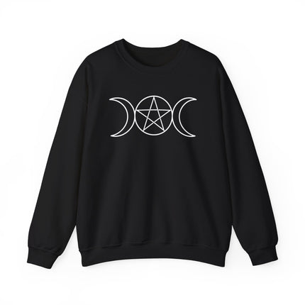 Triple Moon and Pentagram design wiccan sweatshirt for pagan witchcraft enthusiasts.