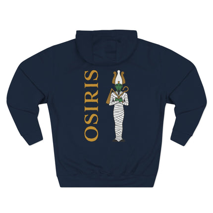 Osiris Egyptian god graphic and name printed on the back of the hoodie. Ancient mythology apparel.