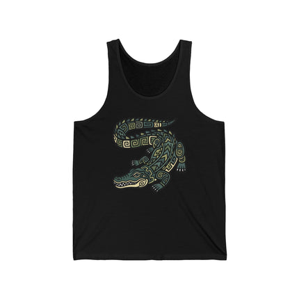 Geometric tribal crocodile design inspired by Mayan art.
