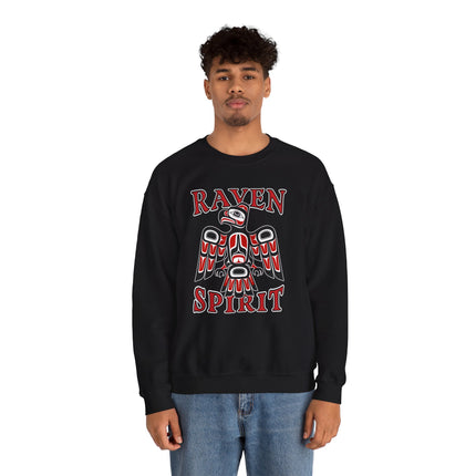 Raven Spirit sweatshirt featuring a Haida style raven graphic and Pacific Northwest indigenous art design.