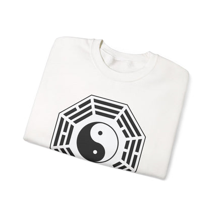 Yin Yang and Bagua symbol graphic on a white unisex pullover sweatshirt.