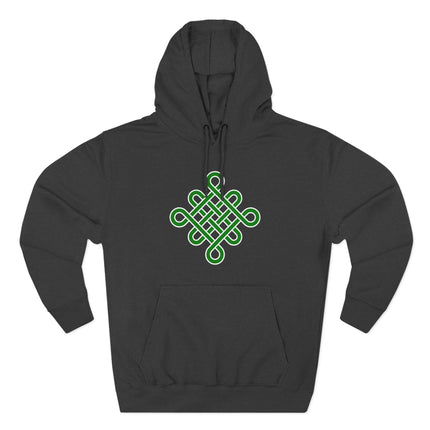 Green Celtic Endless Knot symbol graphic on a black hoodie.