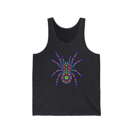 Huichol tarantula mandala print on black unisex tank top. Colorful Mexican folk art design.