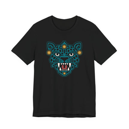 Aztec Jaguar Mask T-Shirt | Teal Feline Face and Gold Details Tee