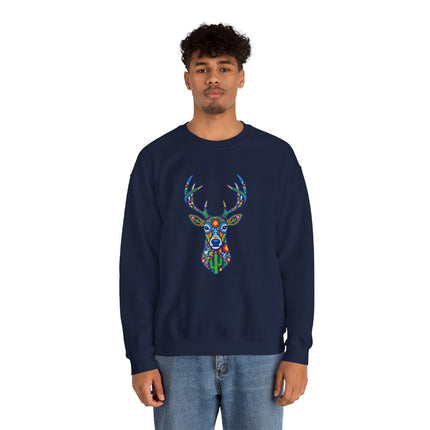 Colorful Huichol-style deer graphic on a navy streetwear sweatshirt.