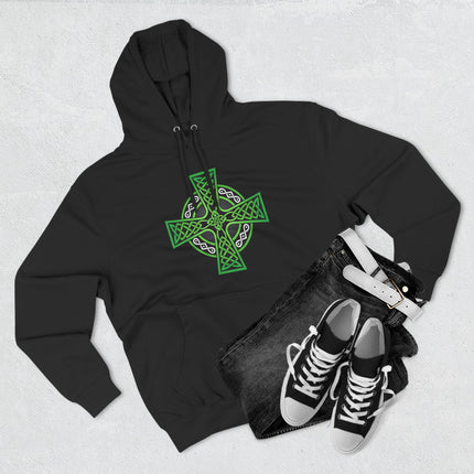 Green Celtic Cross knotwork symbol on a black pullover hoodie. Irish heritage apparel design.