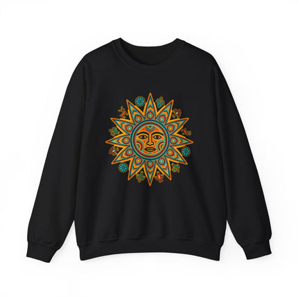 Vibrant Indigenous sun symbol graphic on black sweatshirt, Mesoamerican Huichol art.