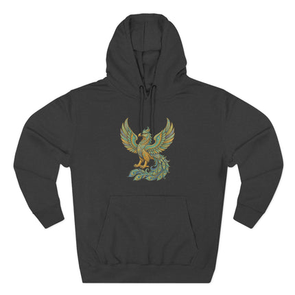 Homa Bird graphic on black hoodie, featuring Persian mythology art in gold and teal.