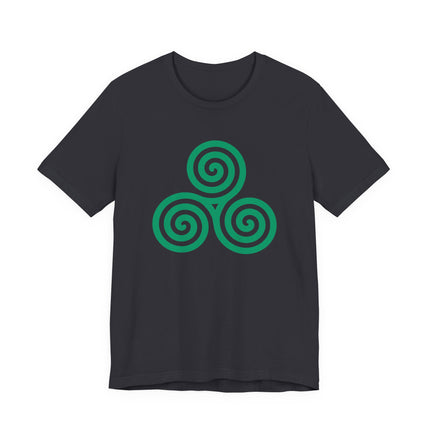 Celtic triskele triple spiral symbol on a black t-shirt.