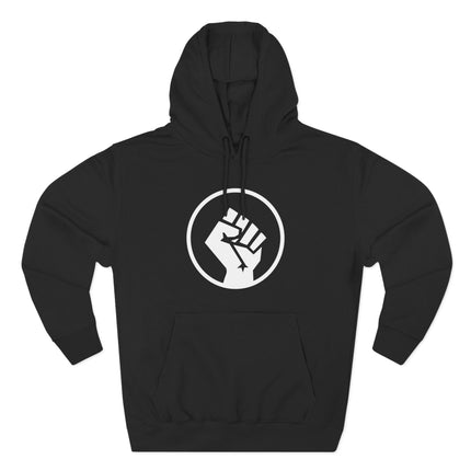 Black pullover hoodie featuring a white raised fist symbol of solidarity and protest.