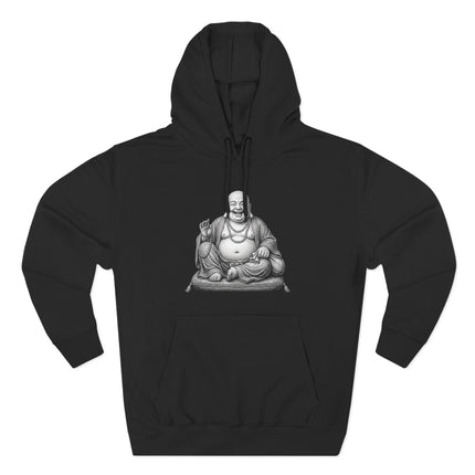 Laughing Buddha Hotei design on a black spiritual pullover hoodie, symbolizing good luck and Zen.