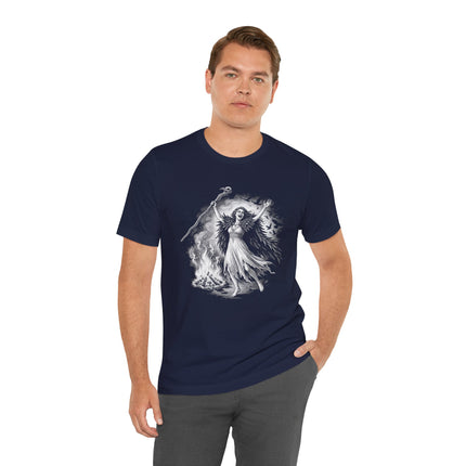 Celtic goddess Morrigan raven witch design on dark t-shirt. Pagan mythology art.