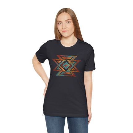 Colorful geometric butterfly design in Southwestern tribal art style on a black tee.